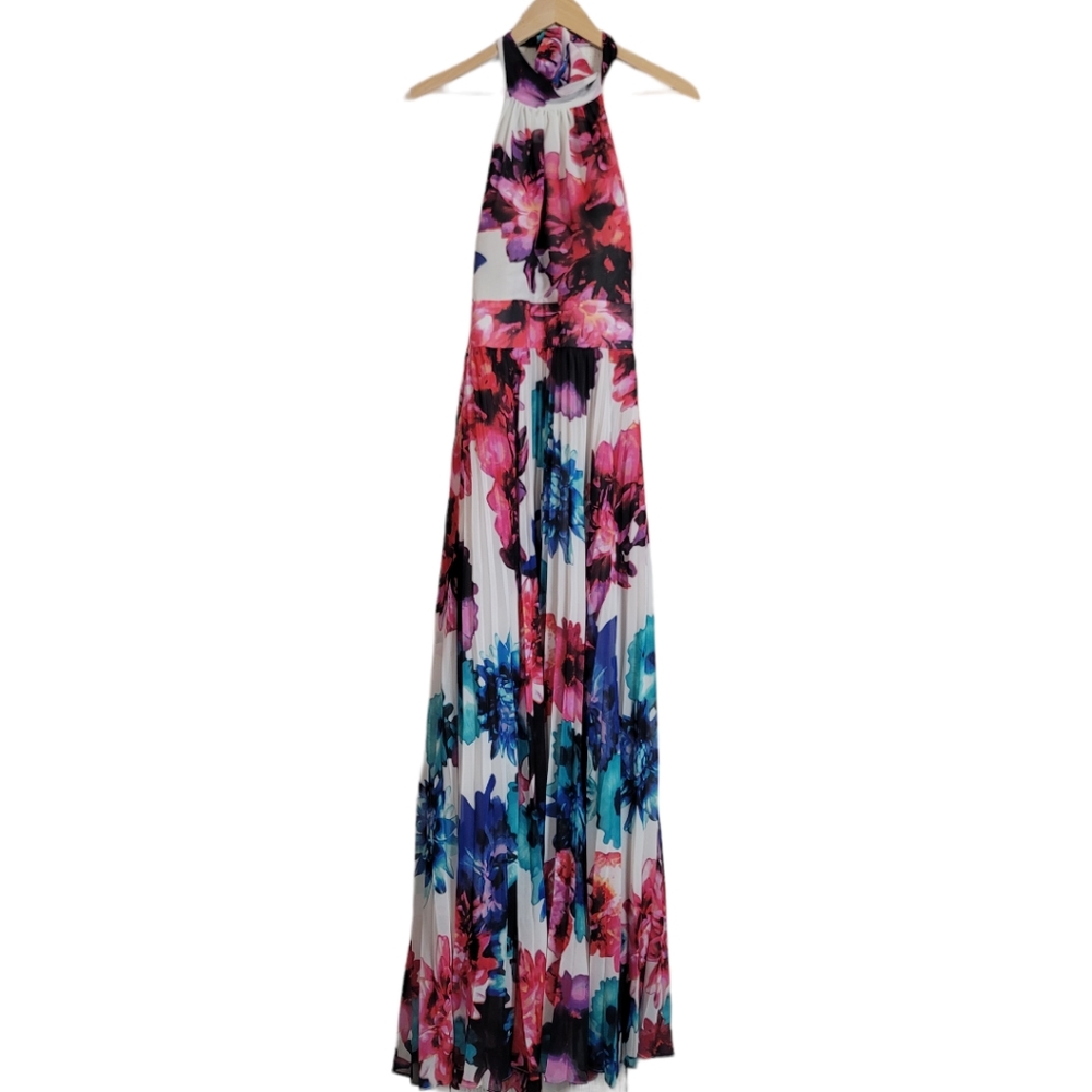 Eliza J Vibrant Floral Pleated Halter Maxi Dress SZ 12
